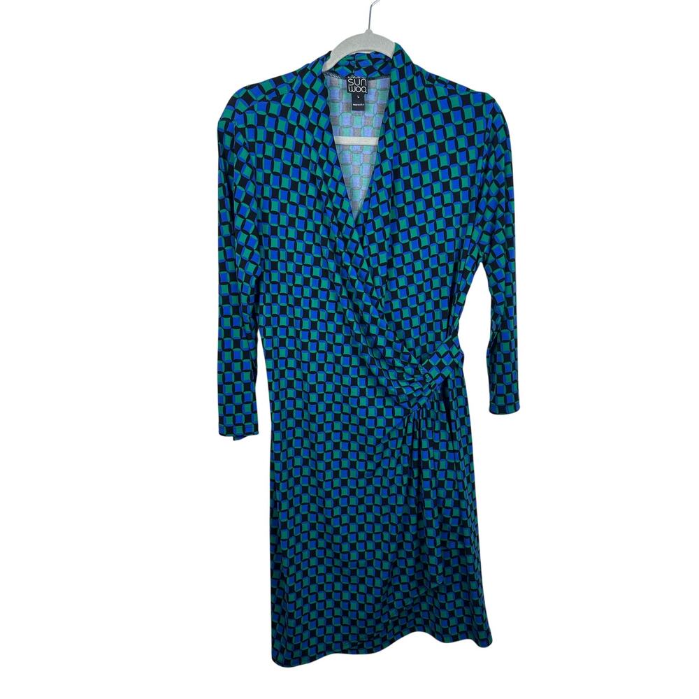 Clara Sun Woo Faux‎ Wrap Dress Women Large Blue Green EUC Geometric Travel 2266